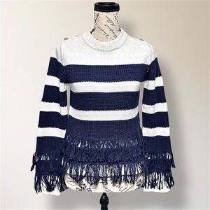 NWT English Factory Anthropologie XS Navy White Striped  Fringe Sweater Nautical